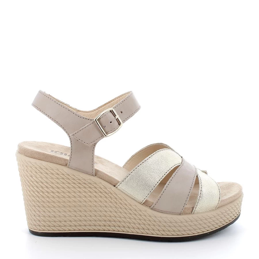"Igi&Co Women's Beige-Platinum Leather Wedge Sandals"