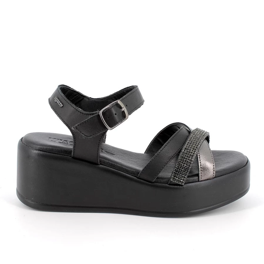 "Igi&Co Women's Leather Wedge Sandals in Black & Dark Grey"