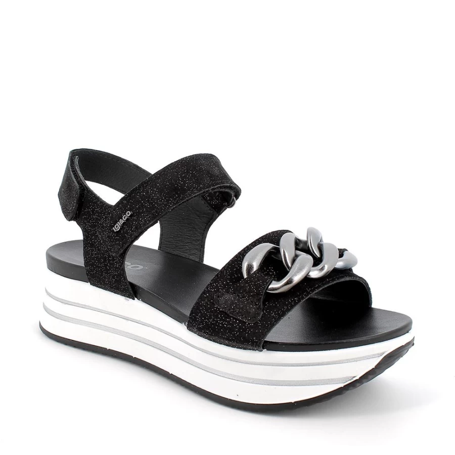 "Igi&Co Women's Black Leather Wedge Sandals"