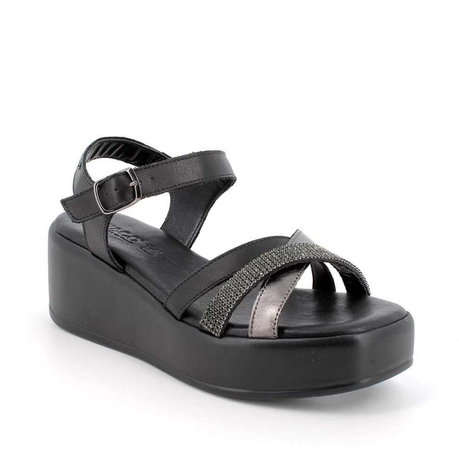 "Igi&Co Women's Leather Wedge Sandals in Black & Dark Grey"