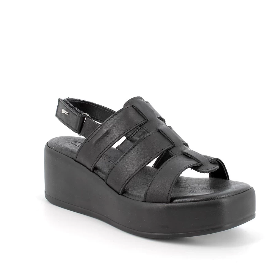 "Igi&Co Women's Black Leather Wedge Sandals – Stylish & Comfortable"