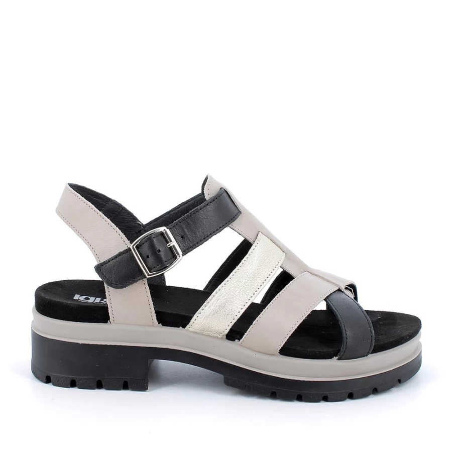 "Igi&Co Women's Leather Sandals with Heel - Beige & Black Stylish Comfort"