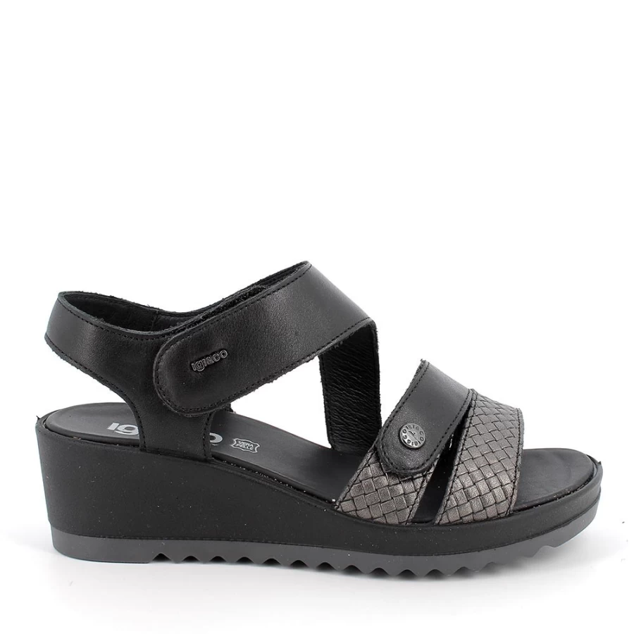 "Igi&Co Women's Black Leather Wedge Sandals"
