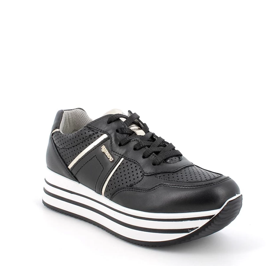 "Igi&Co Women's Black Leather Wedge Sneakers"
