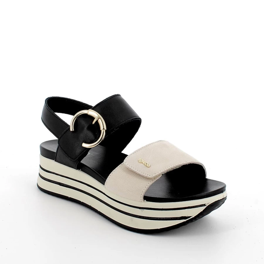 "Igi&Co Women's Beige & Black Leather Wedge Sandals"