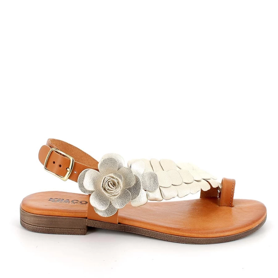 Igi&Co Women's Brown-Platinum Leather Flip Flop Sandals