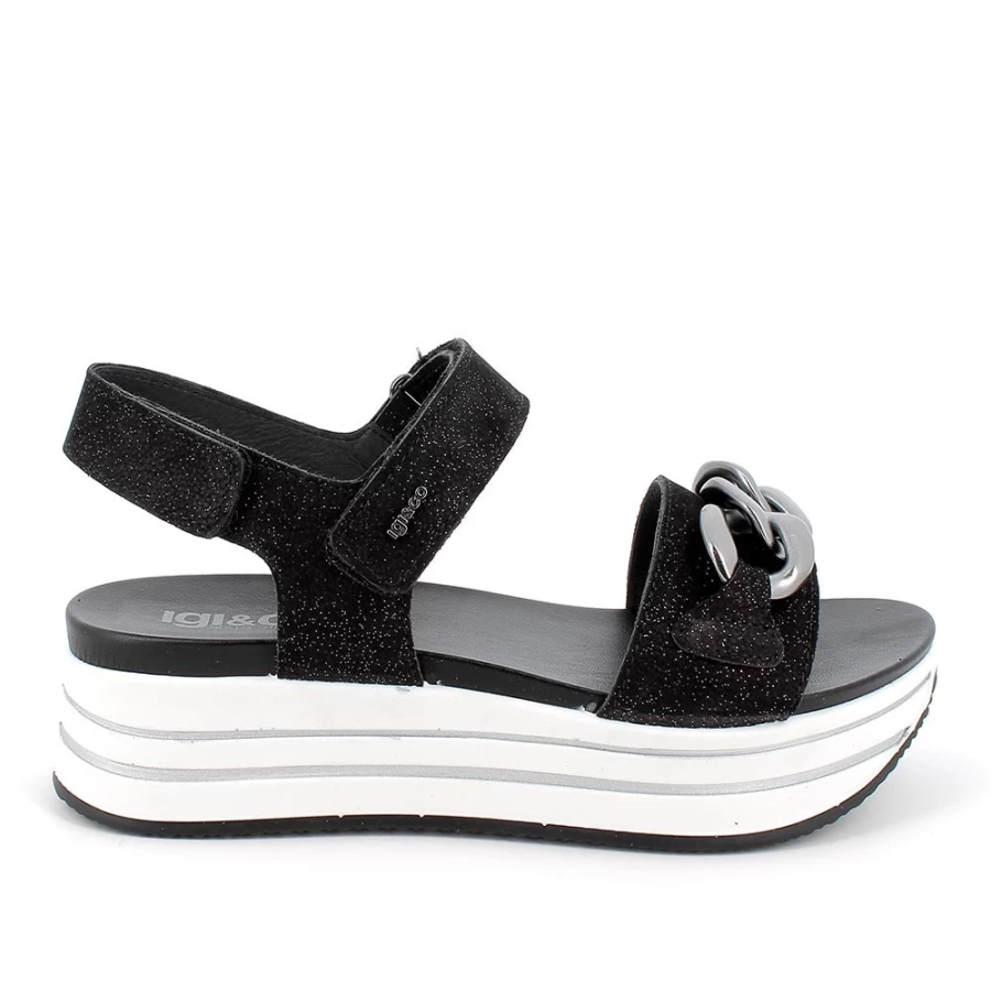 "Igi&Co Women's Black Leather Wedge Sandals"
