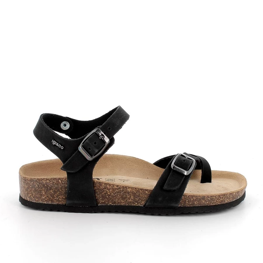 Igi&Co Women's Black Leather Flip Flop Sandals
