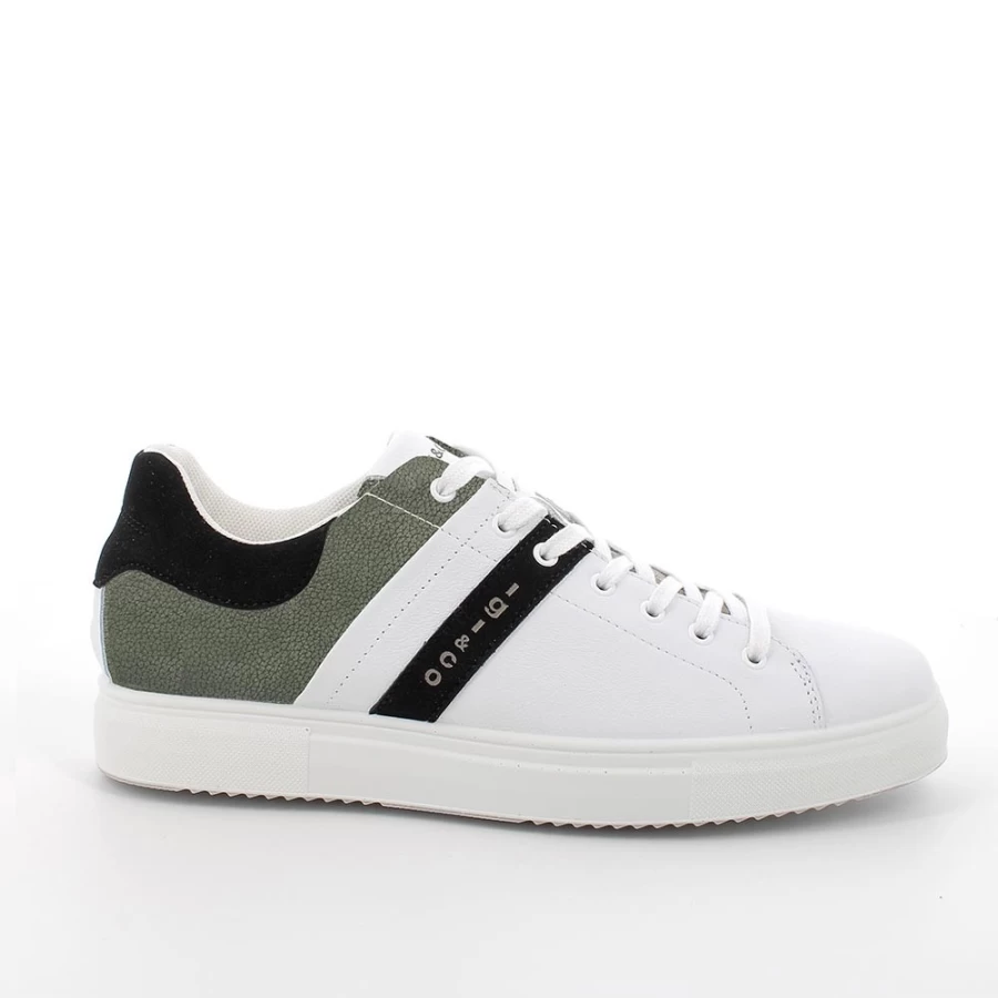 "Igi&Co Men's White & Military Green Leather Sneakers"