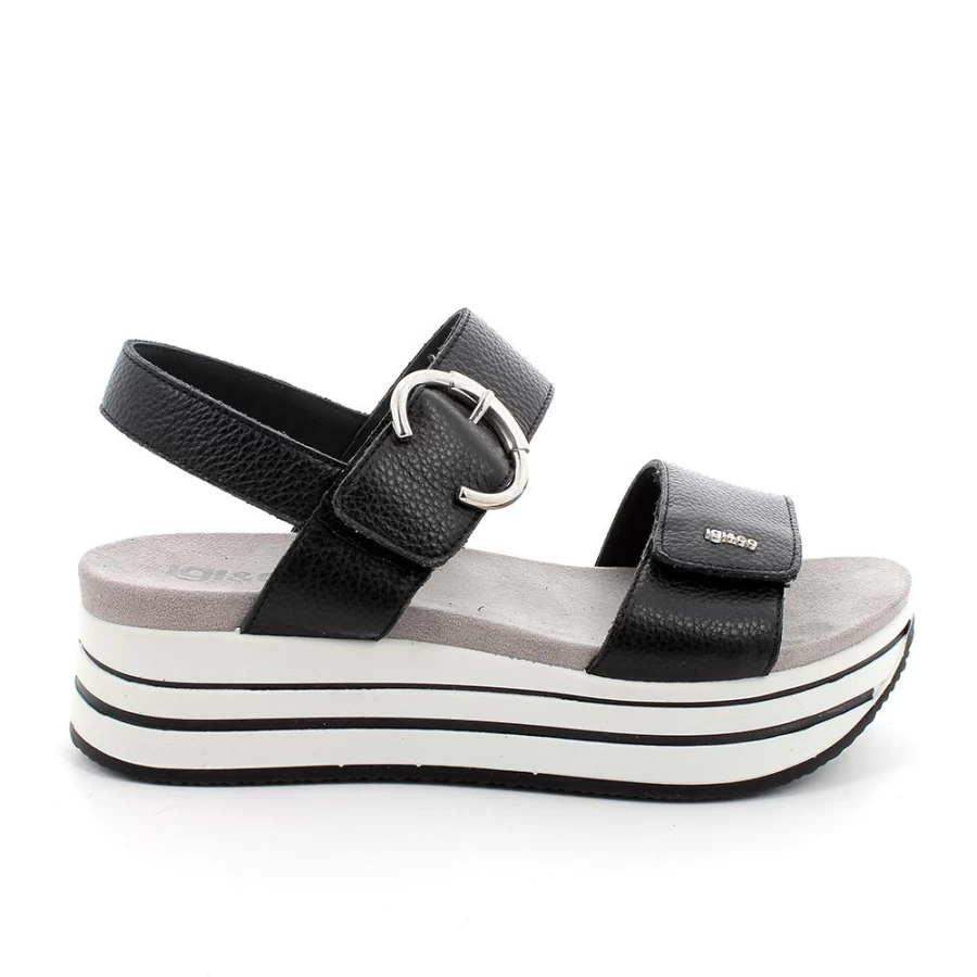 "Igi&Co Women's Black Leather Wedge Sandals – Stylish & Comfortable"