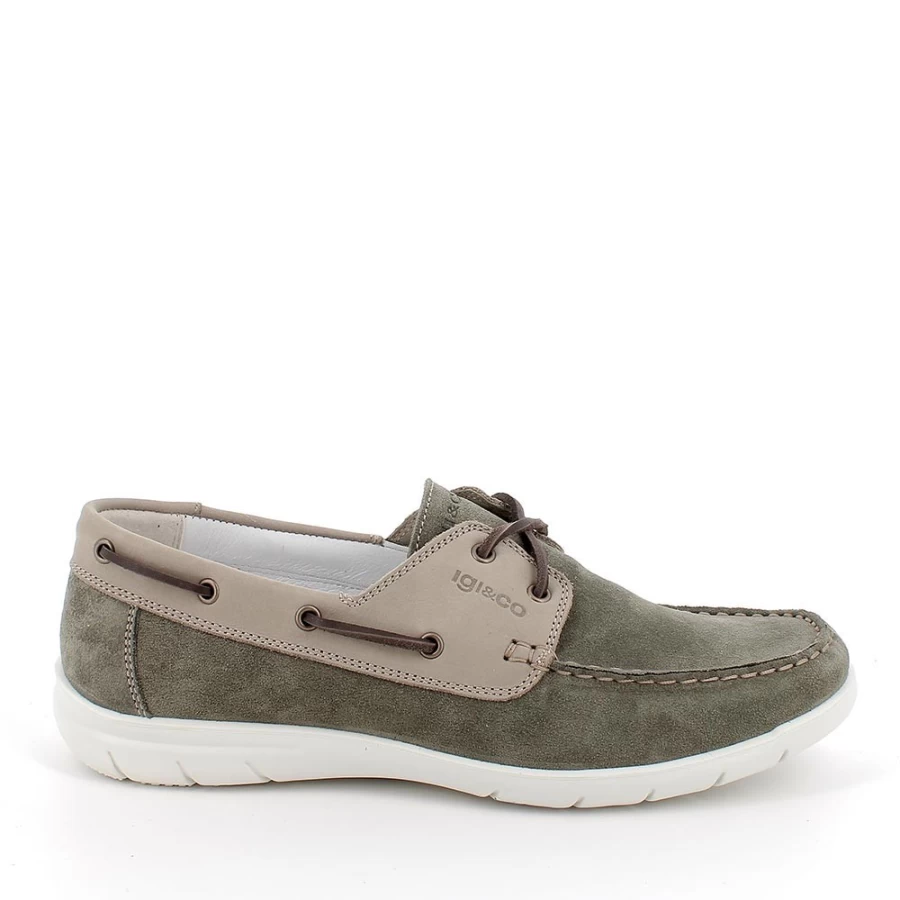 "Igi&Co Men's Military Green-Beige Leather Moccasin Shoes"