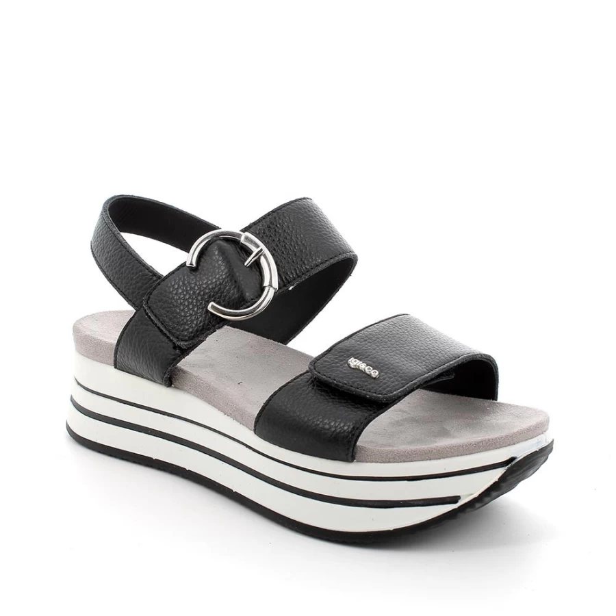"Igi&Co Women's Black Leather Wedge Sandals – Stylish & Comfortable"