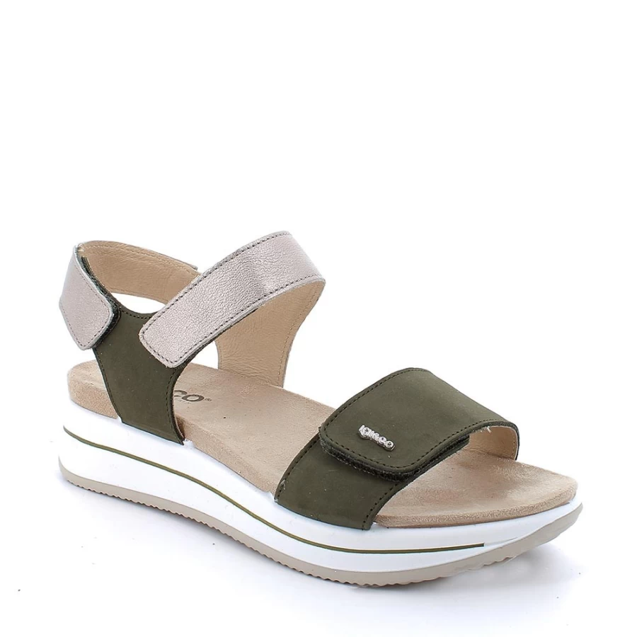"Igi&Co Women's Military Green Leather Wedge Sandals"