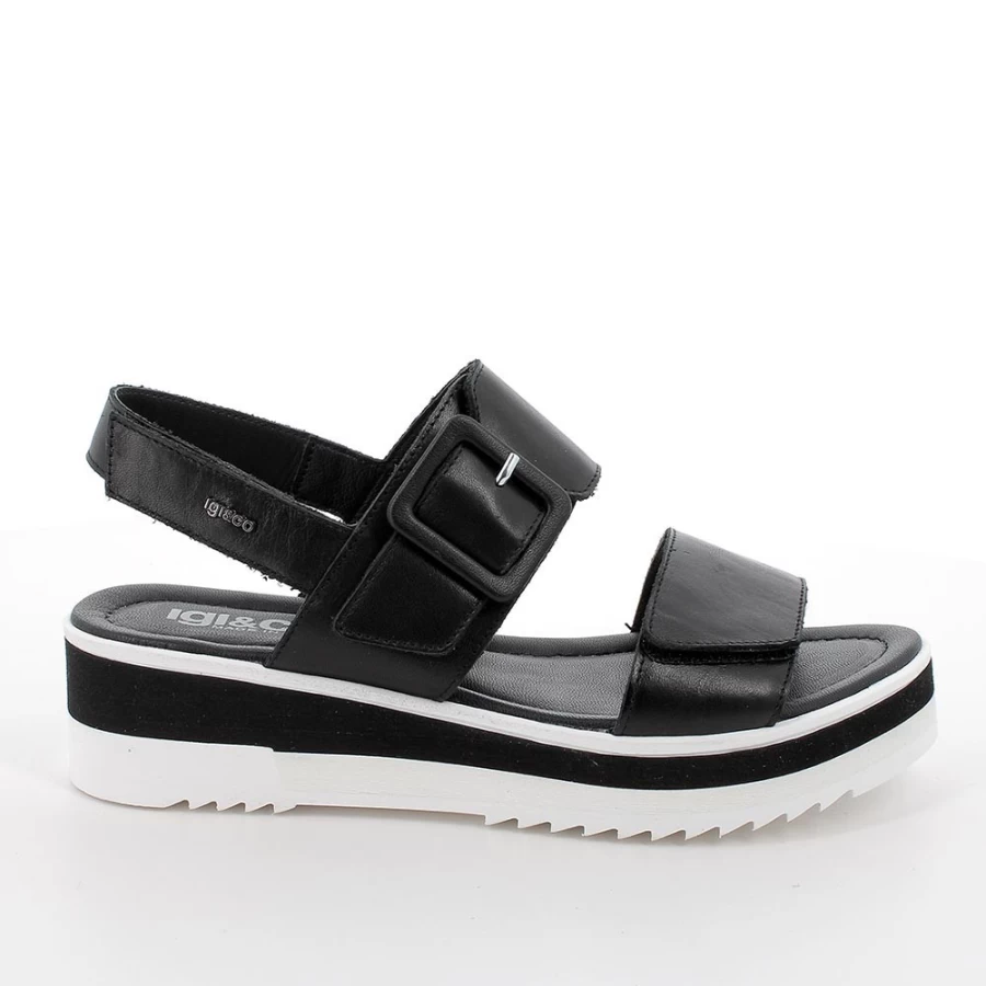 "Igi&Co Women's Black Leather Wedge Sandals"