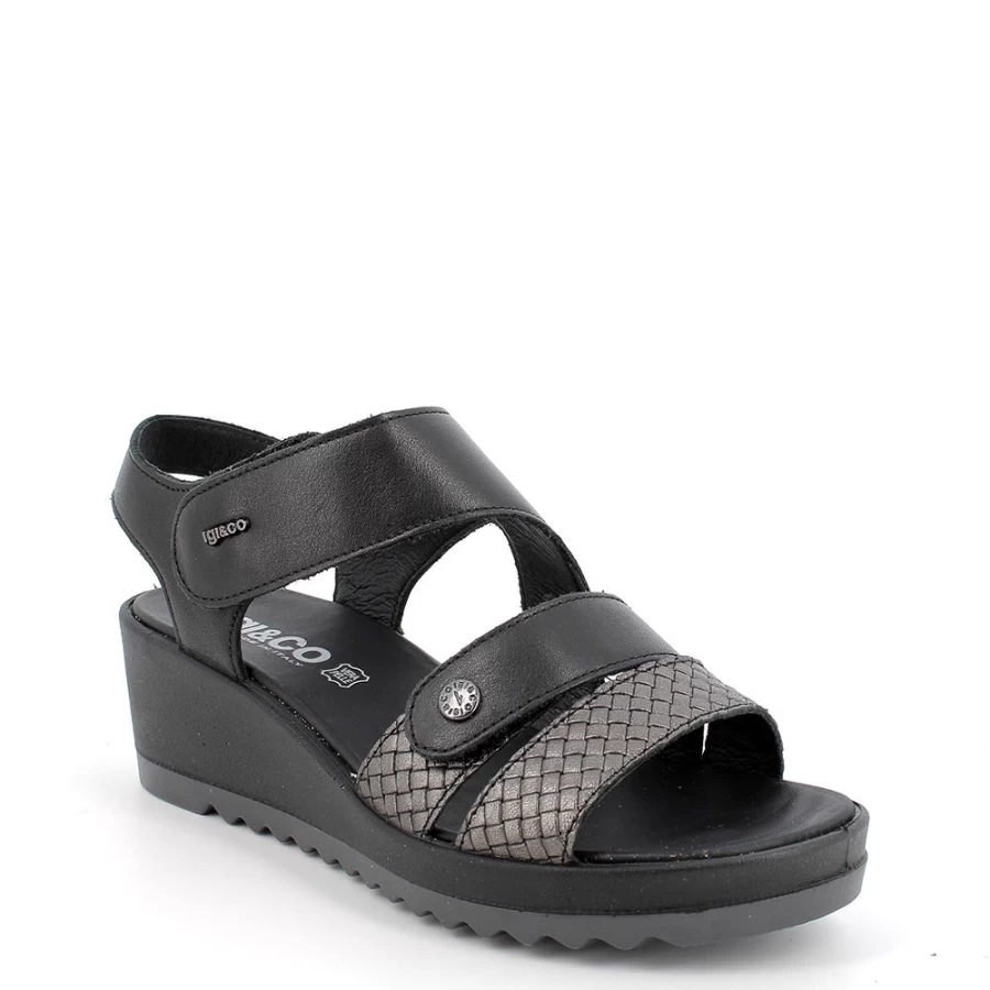 "Igi&Co Women's Black Leather Wedge Sandals"
