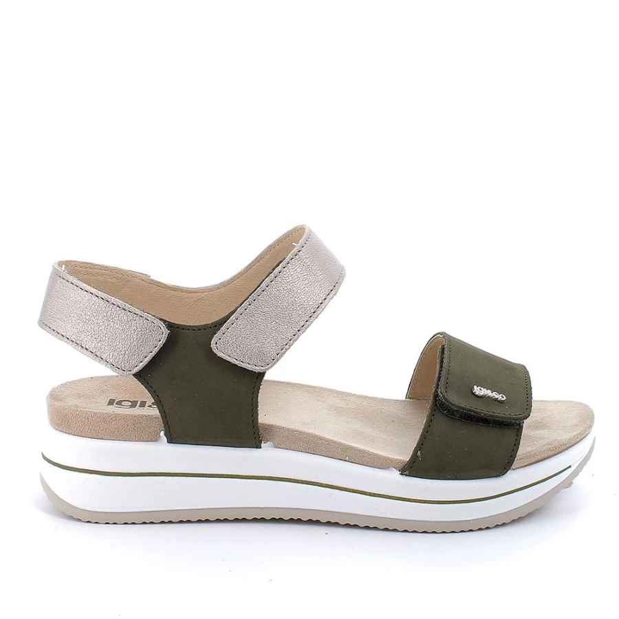 "Igi&Co Women's Military Green Leather Wedge Sandals"