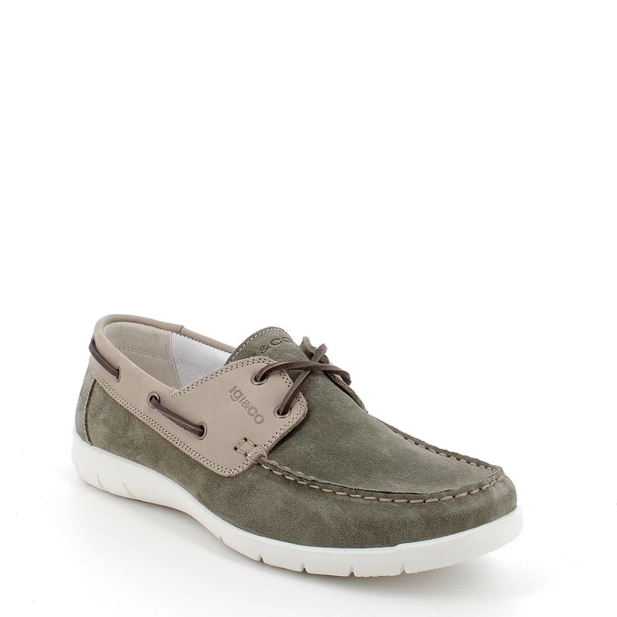"Igi&Co Men's Military Green-Beige Leather Moccasin Shoes"