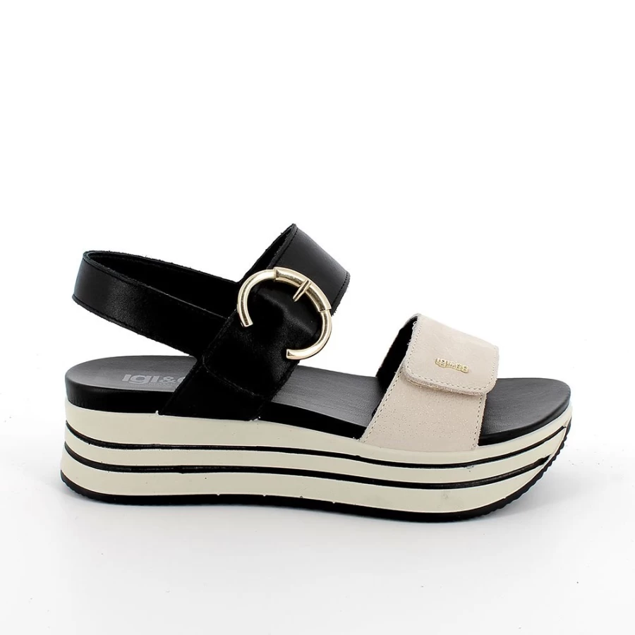 "Igi&Co Women's Beige & Black Leather Wedge Sandals"